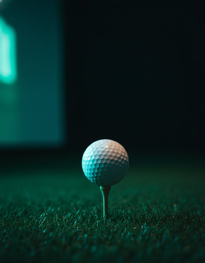 A golf ball on a tee lit by the glow of the simulator screen, its flight read by the launch monitor.
