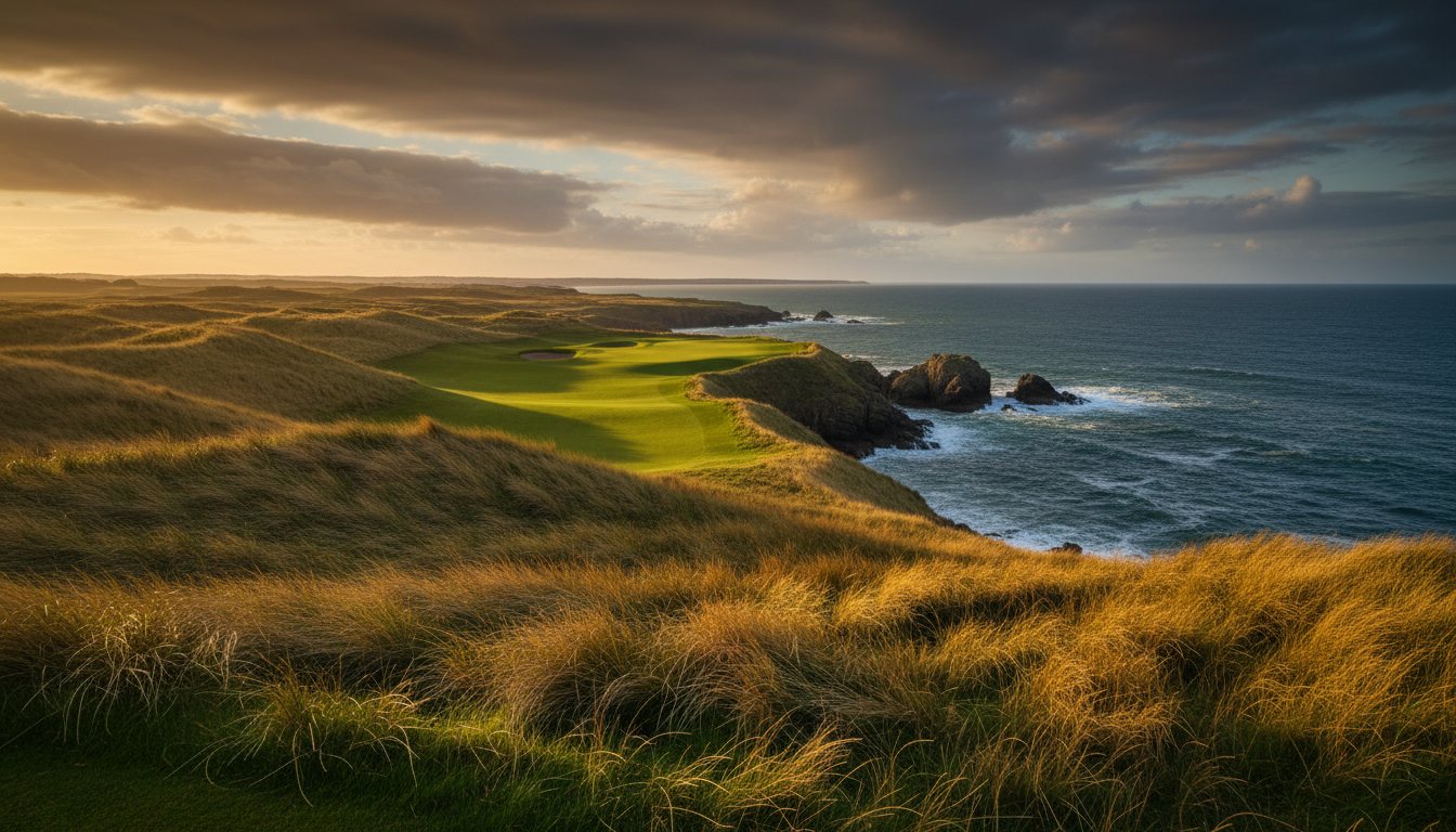 A links golf course at golden hour — the kind of course that plays on the screen.